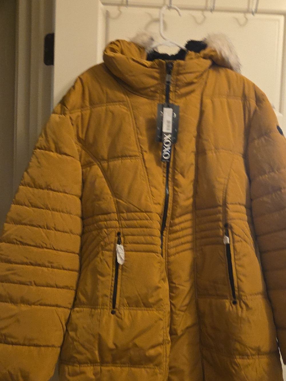 XOXO Women's Mustard Quilted Puffer with Faux Fur-Trim Hood